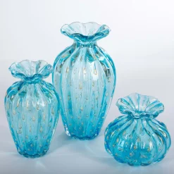 1950 Set di 3 vasi blu chiaro con bolle d'oro