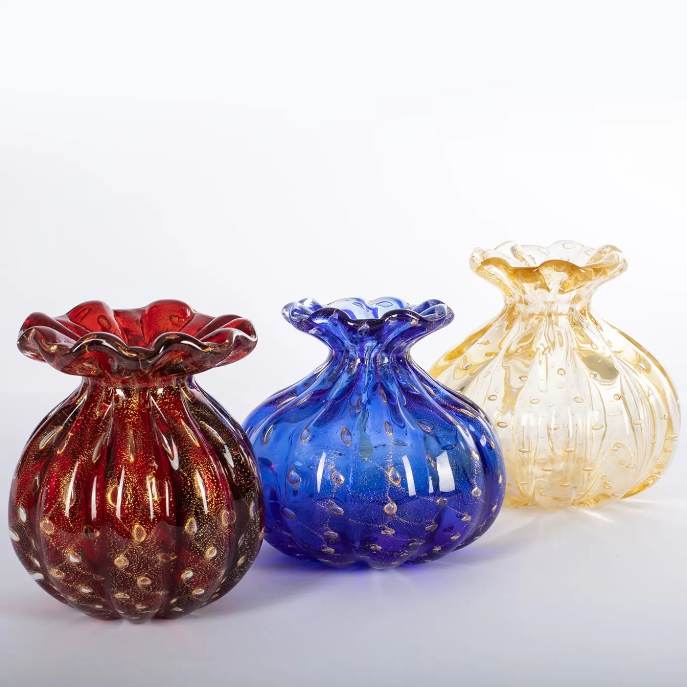 1950 Set di 3 vasi policromi con bolle d'oro