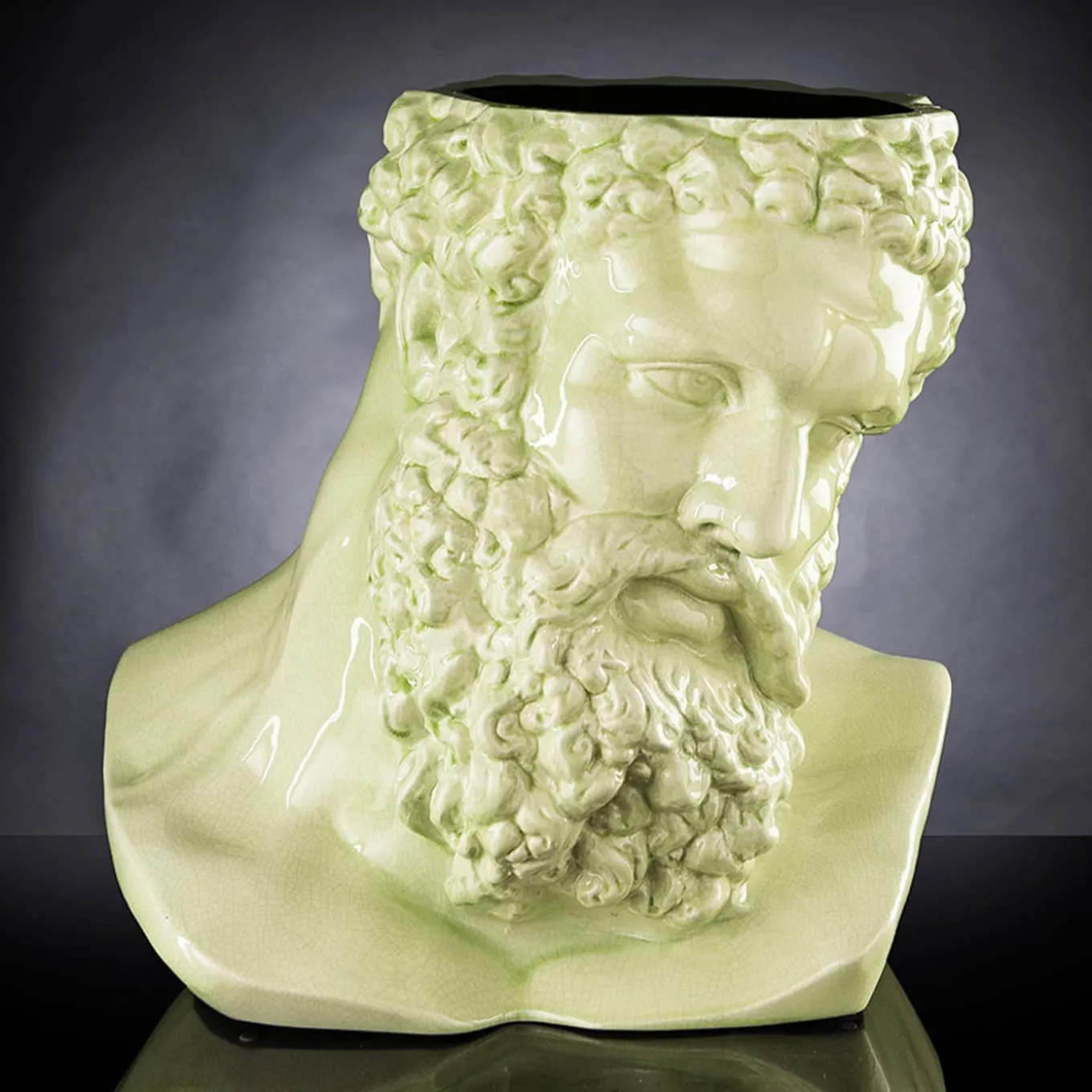 Cachepot decorativo verde a forma di busto di Ercole Craquele