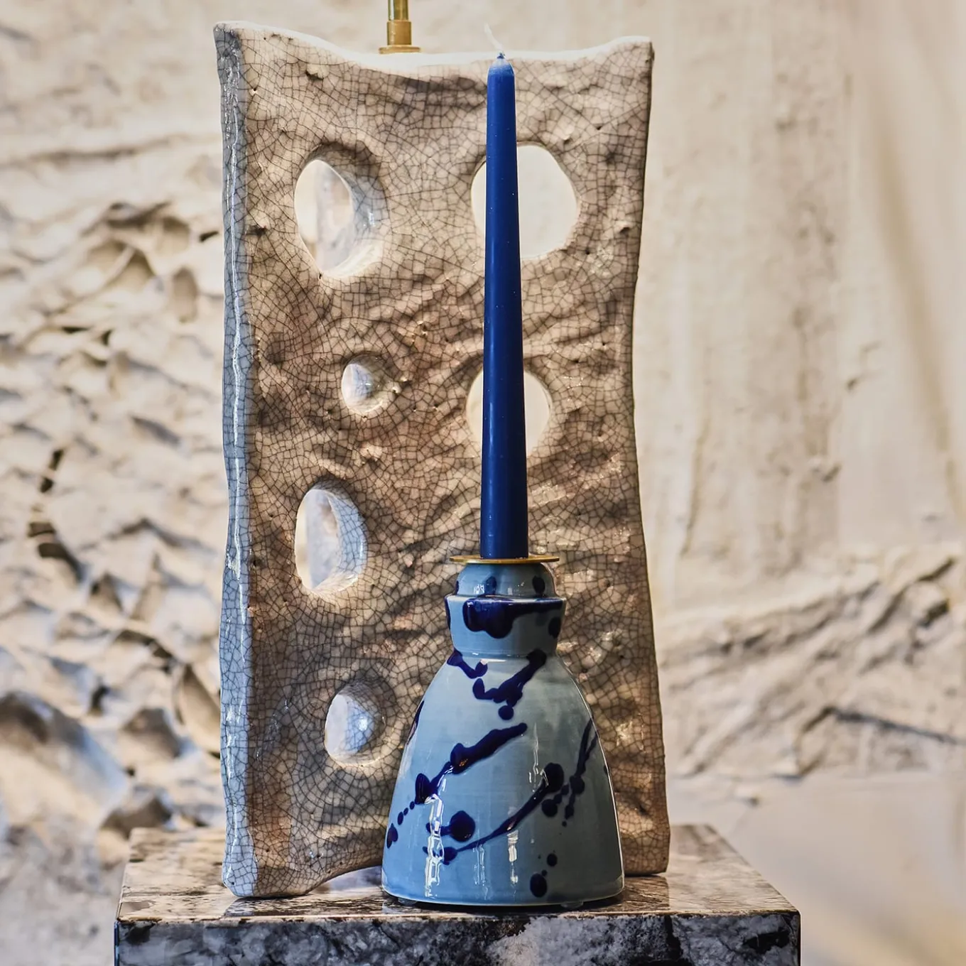 Candeliere in ceramica blu con 4 candele profumate