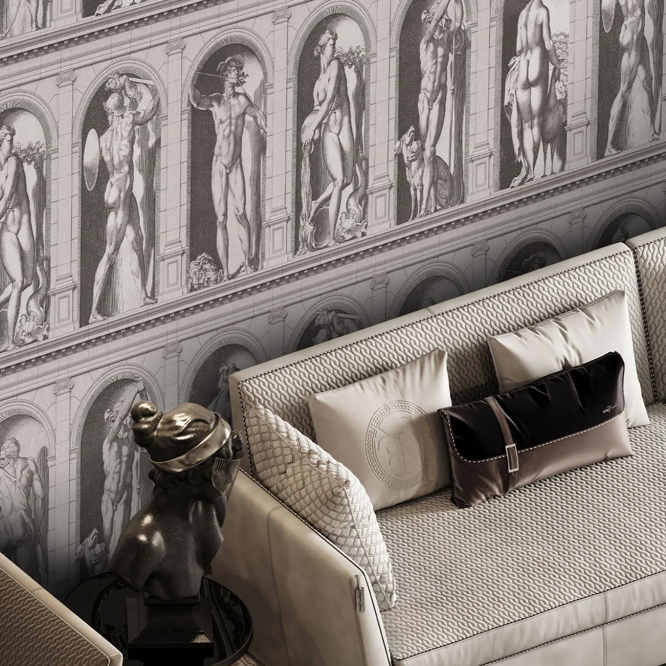 Carta da parati Archistatue con motivo di statue grigie