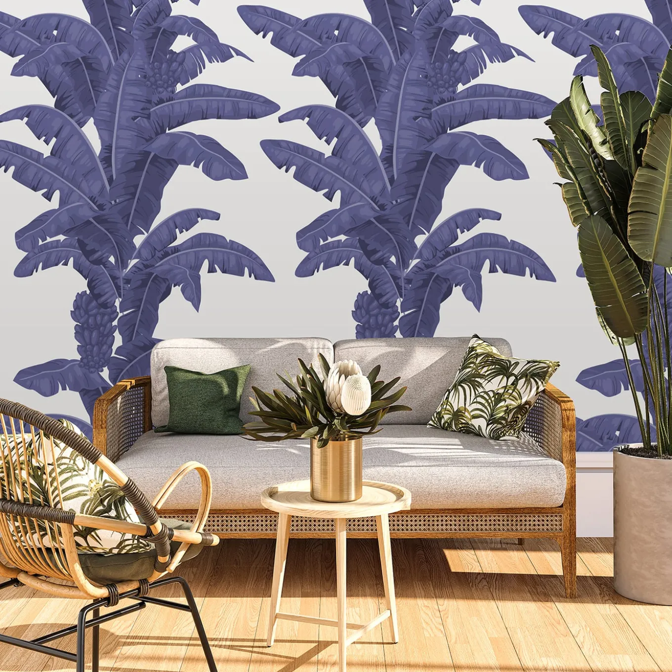 Carta da parati blu con foglie tropicali