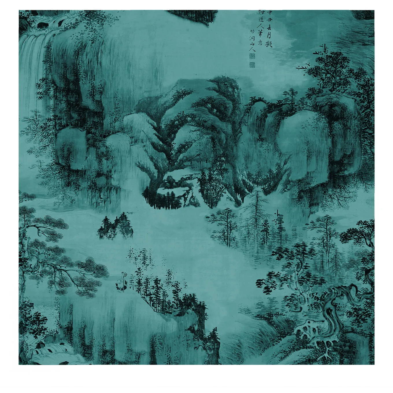 Carta da parati con paesaggio Orientale Verde acqua