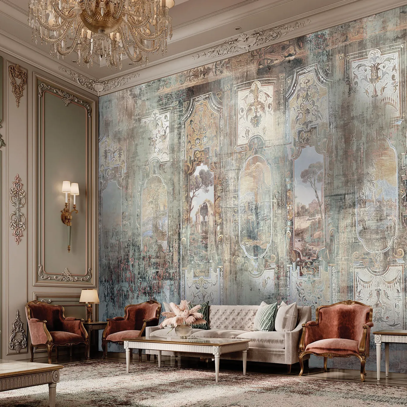 Carta da parati Grottesche con elementi architettonici multicolore