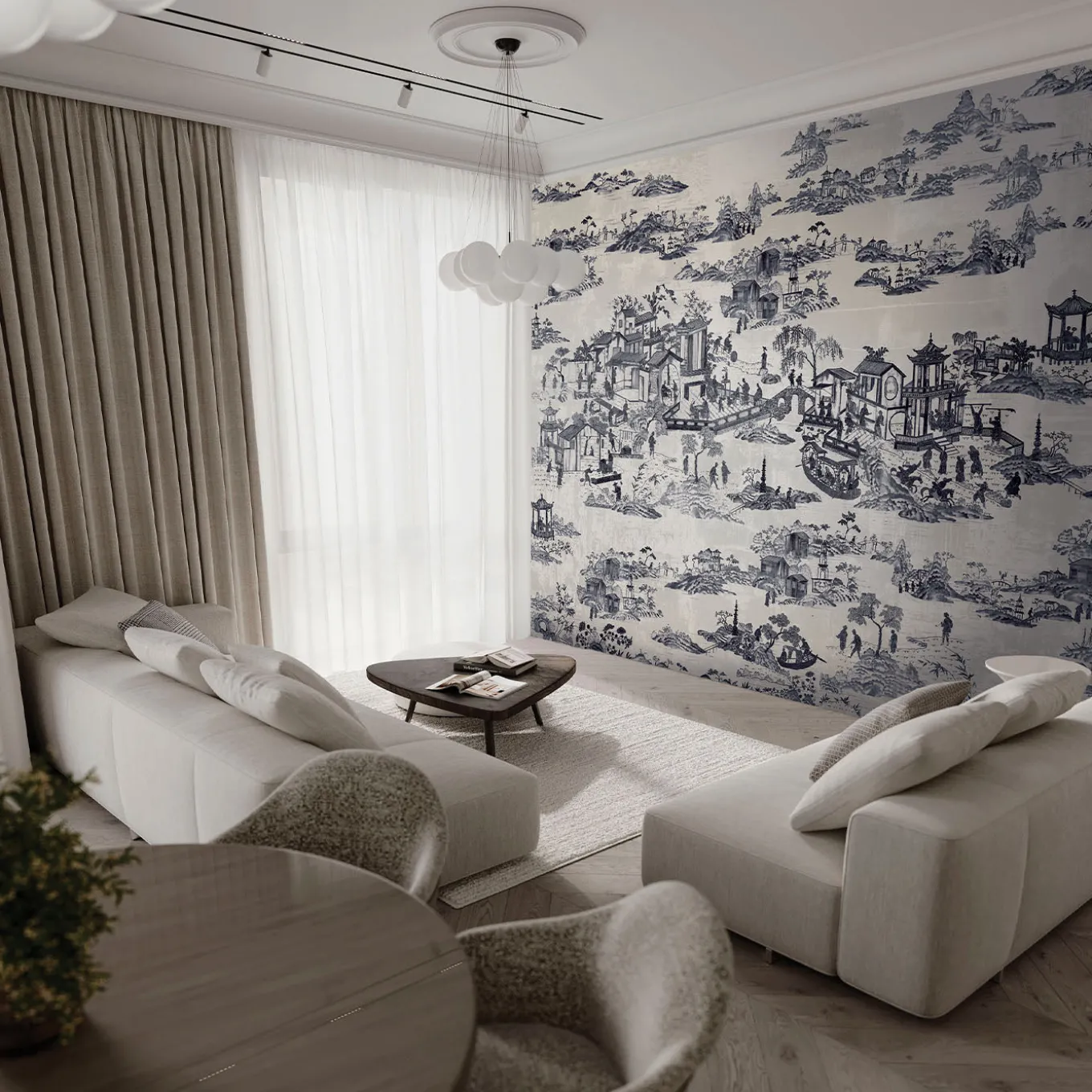 Carta da parati Japanese Toile blu e bianca