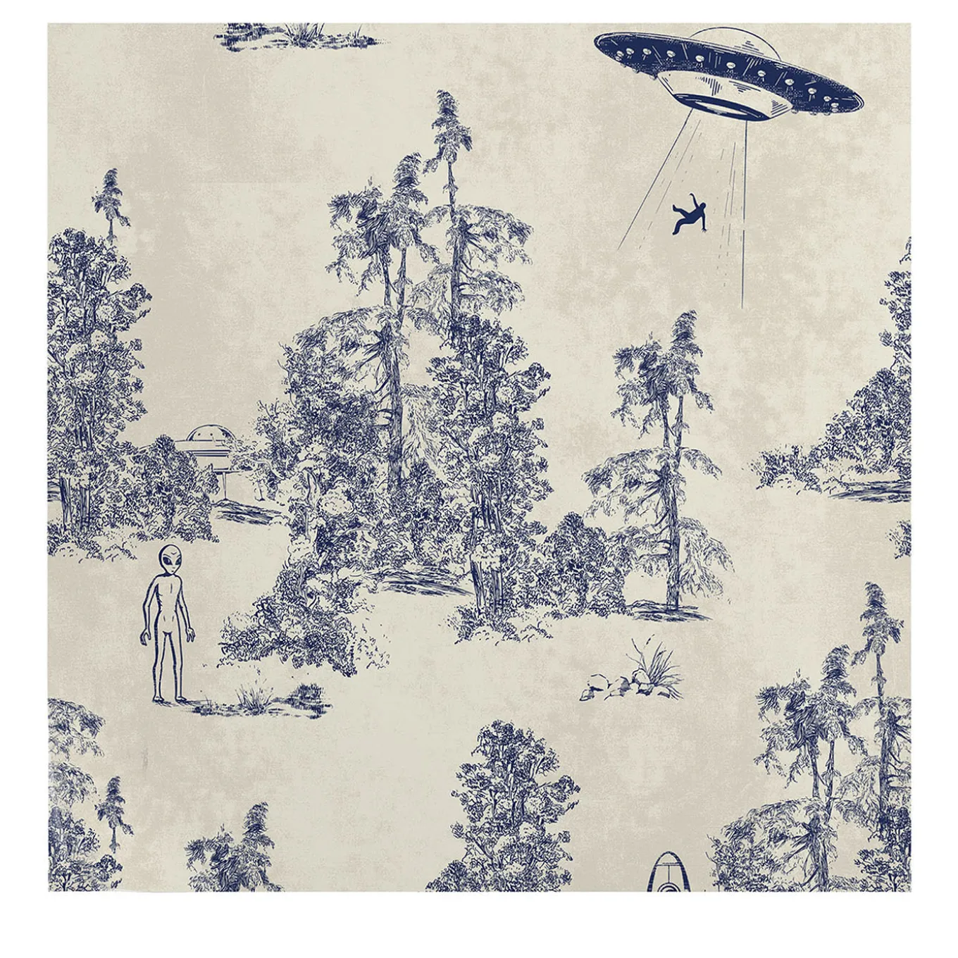 Carta da Parati Toile de Jouy Blu con Alien Abduction