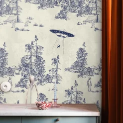 Carta da Parati Toile de Jouy Blu con Alien Abduction