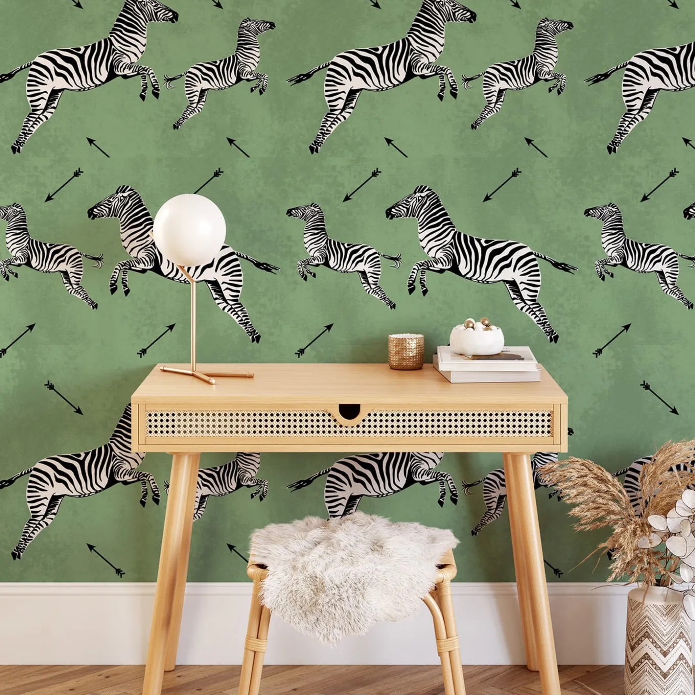 Carta da Parati Verde con Zebre Volanti