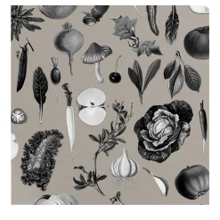 Carta da Parati Vintage Grigia con Verdure per Cucina