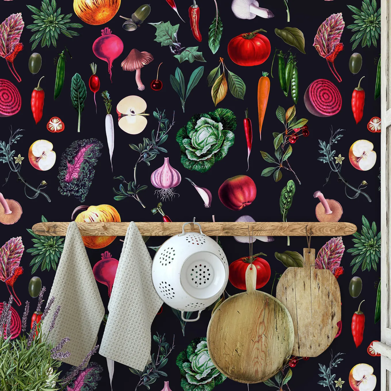 Carta da Parati Vintage Nera con Verdure per Cucina