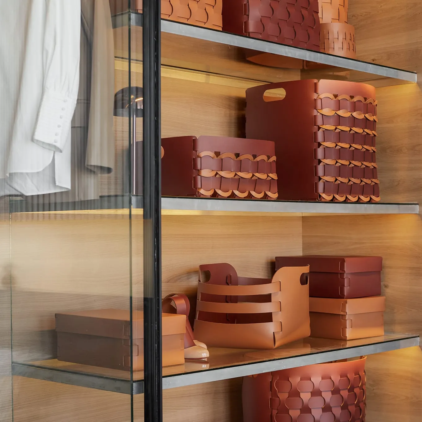 Cestino Geometria in pelle Bordeaux e Cognac