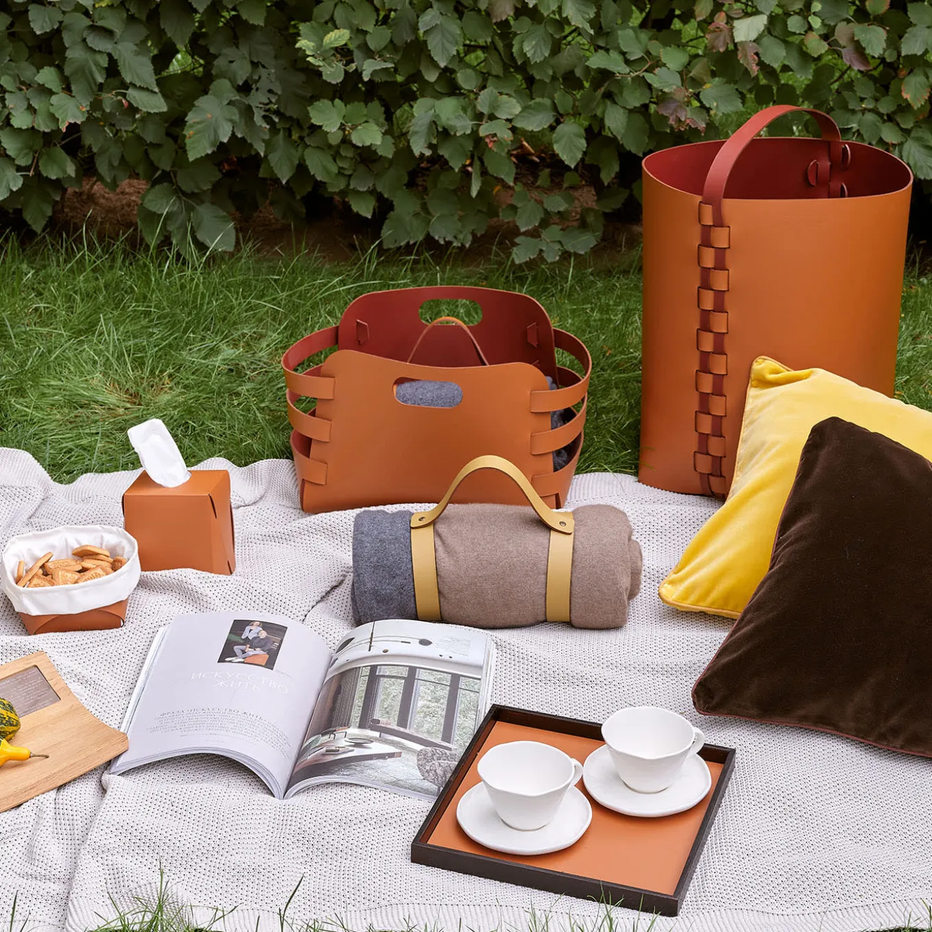 Cestino in pelle Riga Cognac e Bordeaux