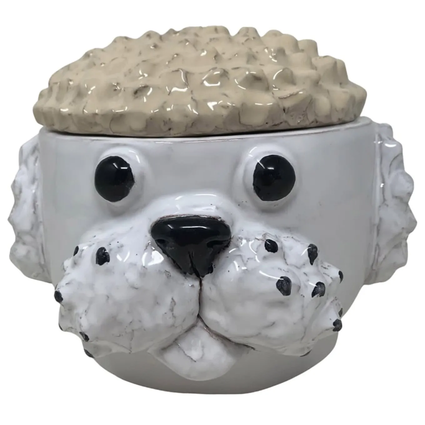Contenitore piccolo cane bianco e crema con coperchio