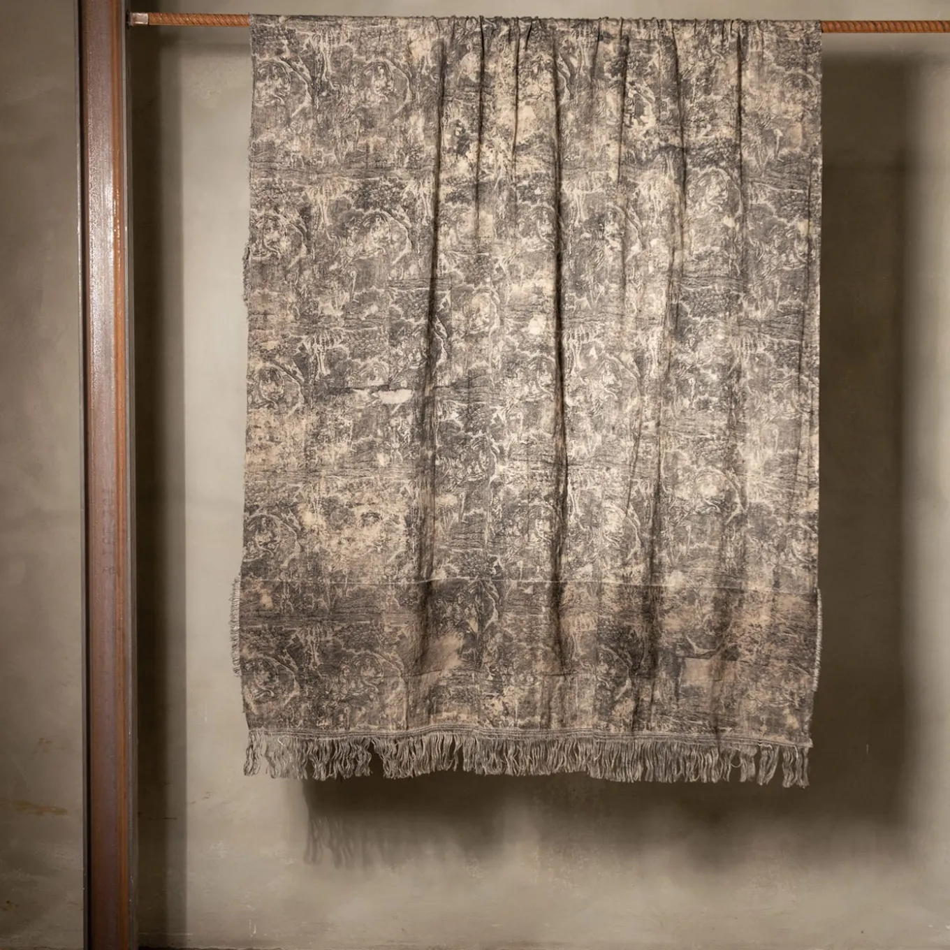 Coperta inglese in cotone e lino con frange Toile-de-Jouy