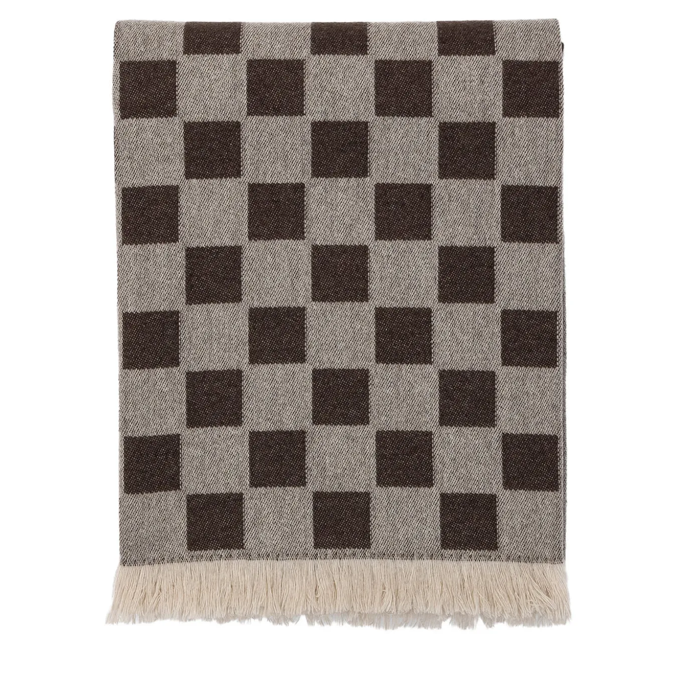Coperta marrone con frange e motivo a scacchiera