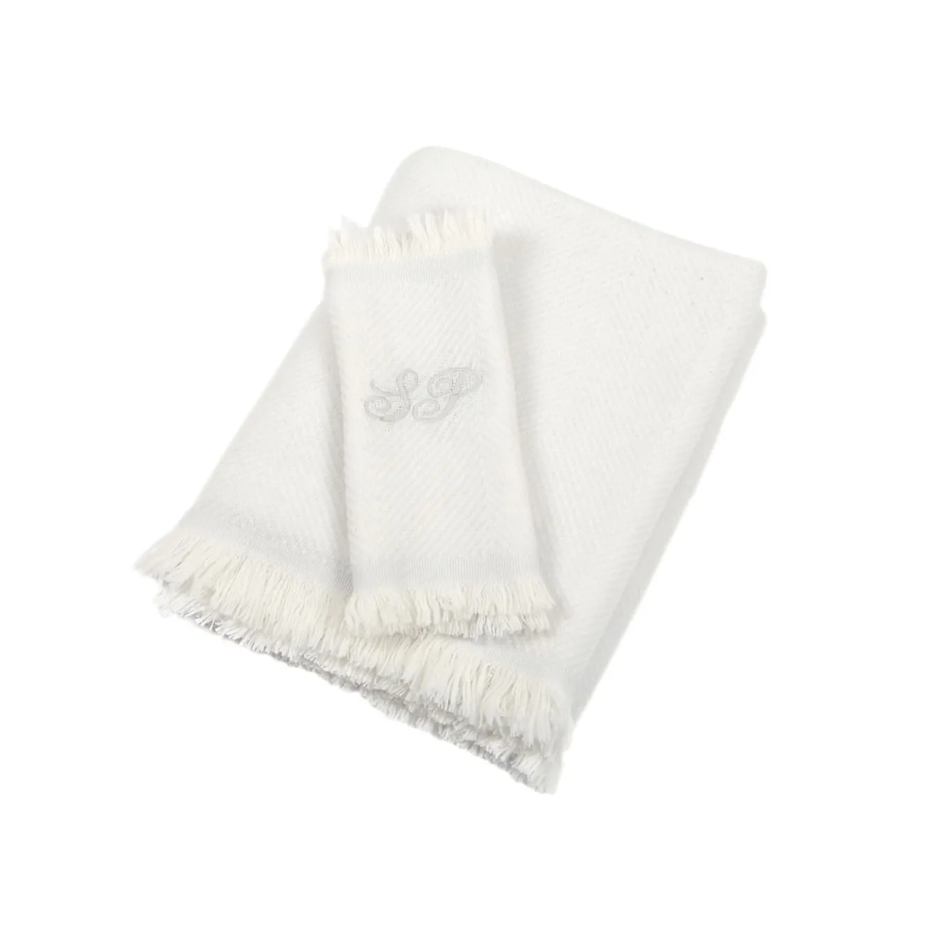 Coperta per neonati in 100% cashmere crema e blu baby con frange corte
