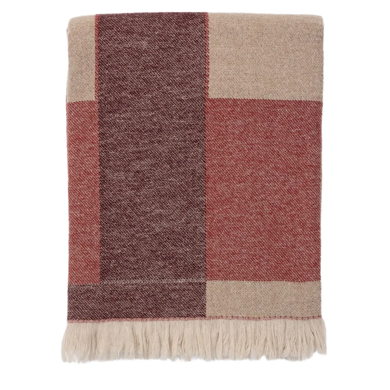 Coperta rossa con frange e motivi intrecciati