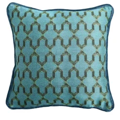 Cuscino Carrè turchese in tessuto jacquard e velluto di lino
