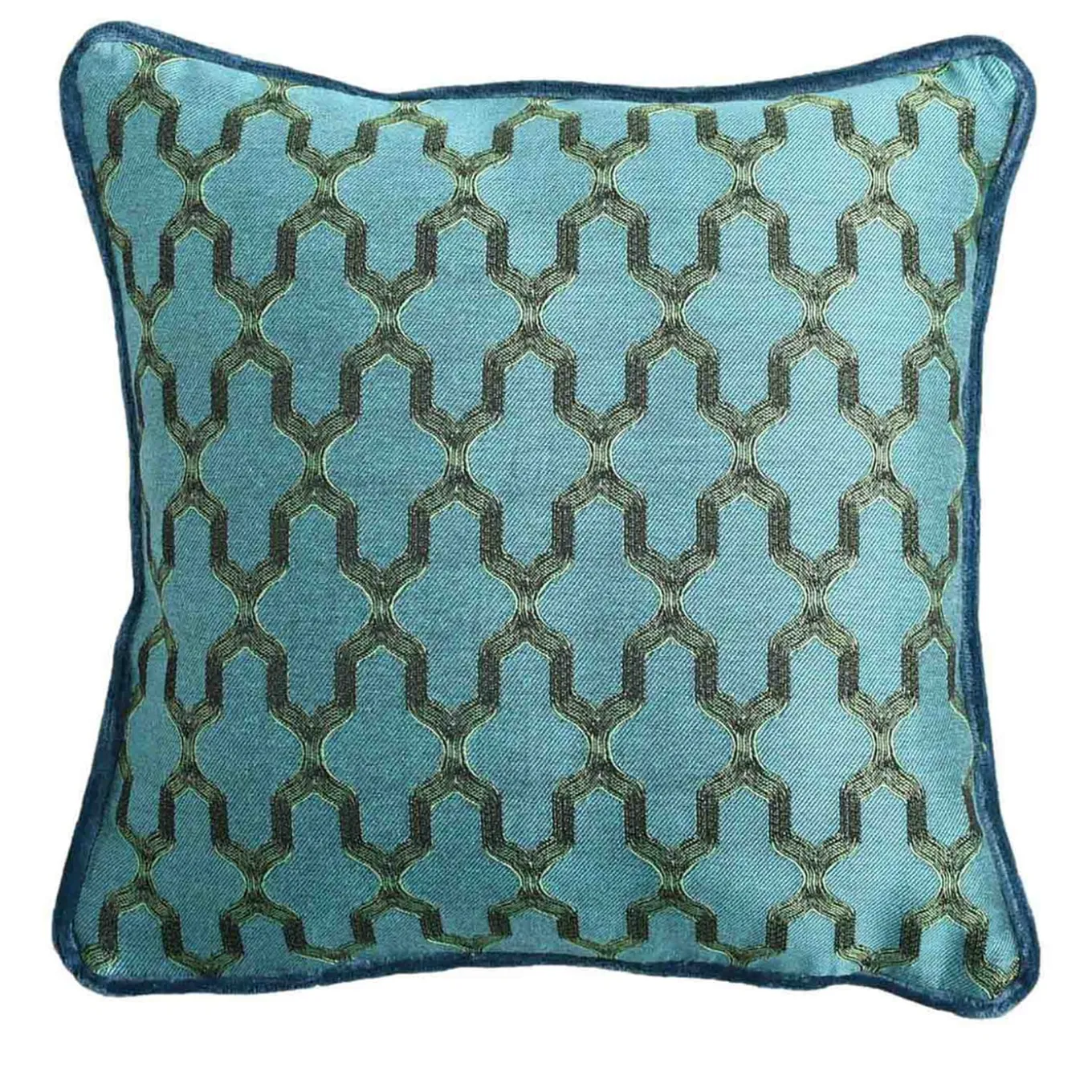 Cuscino Carrè turchese in tessuto jacquard e velluto di lino
