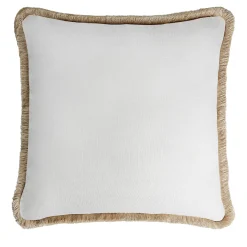 Cuscino in lino Happy bianco con frange beige