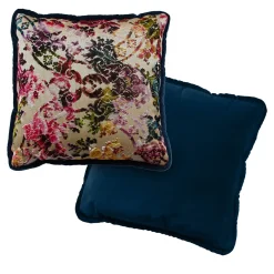 Cuscino reversibile in velluto blu notte e fantasia floreale