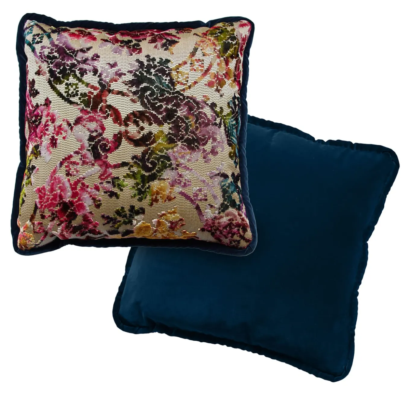 Cuscino reversibile in velluto blu notte e fantasia floreale