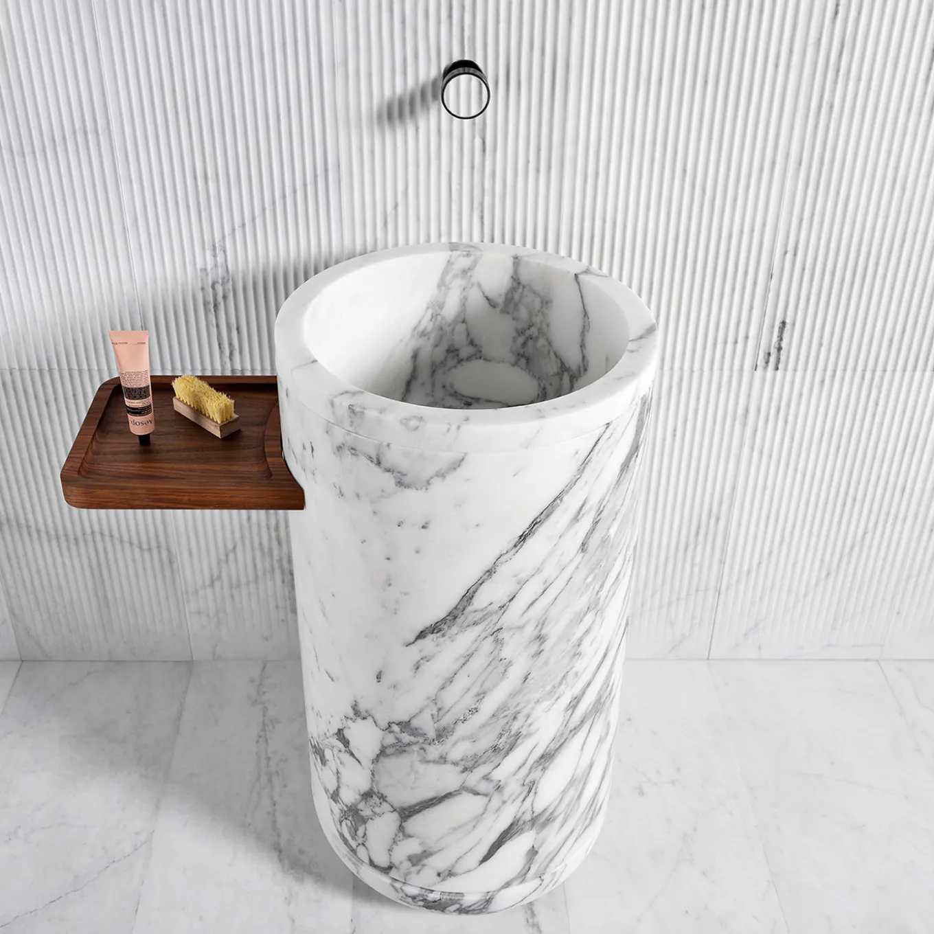 Lavabo in marmo cilindrico Monolithos con vassoio in legno
