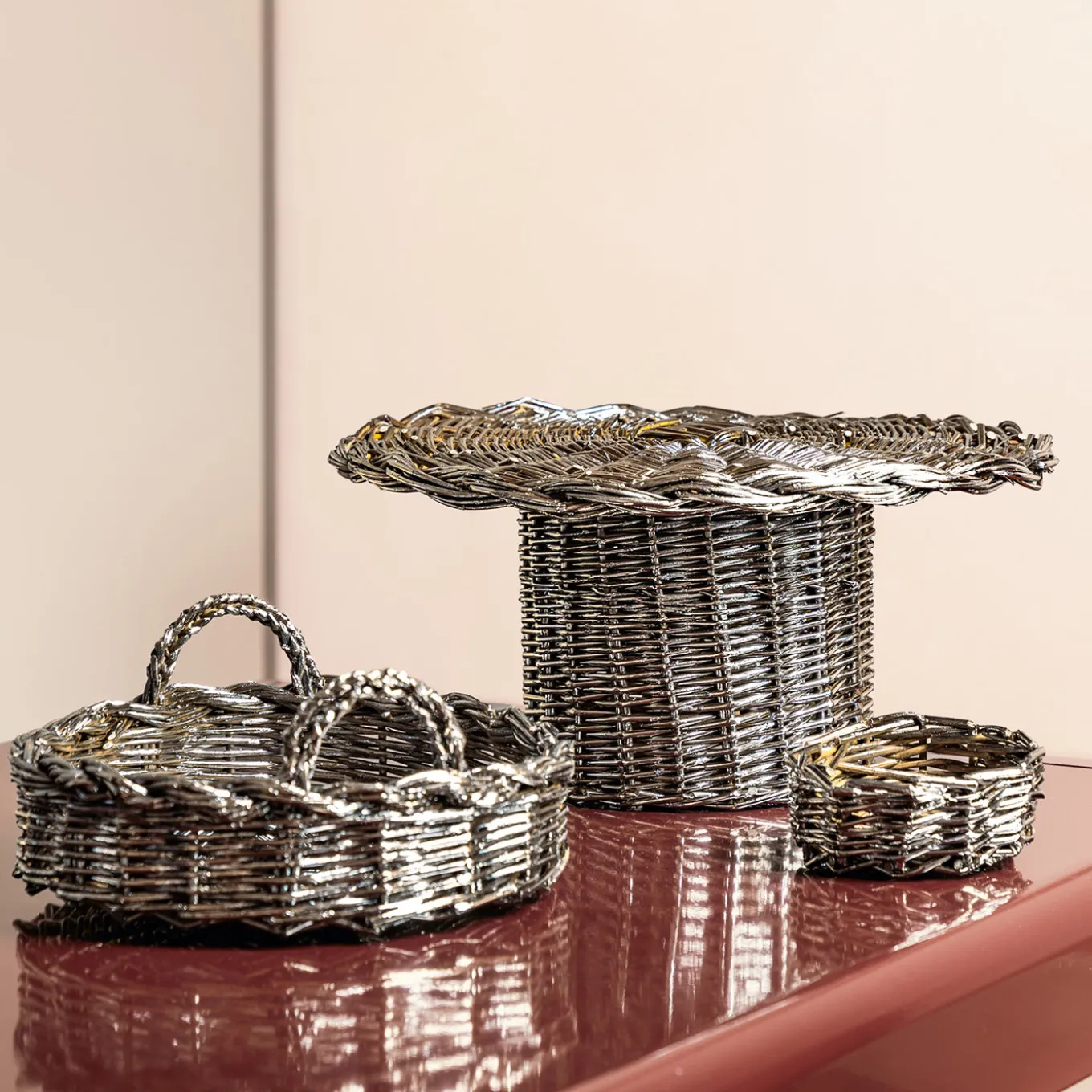 Mini cestino rotondo intrecciato in argento placcato