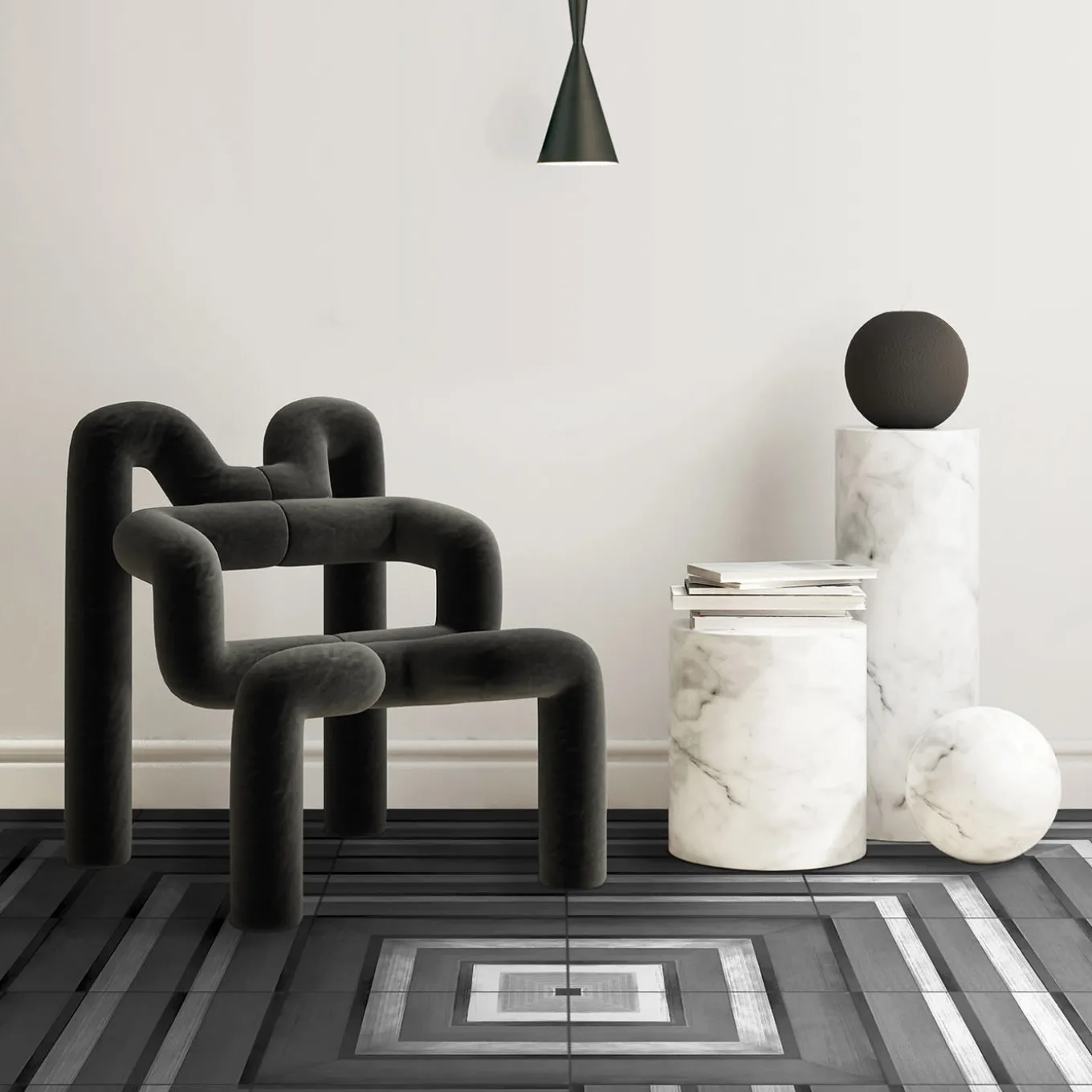 Piastrella Geometrie D’Ombra In Ceramica Nero Carbone Motivo Quadrato