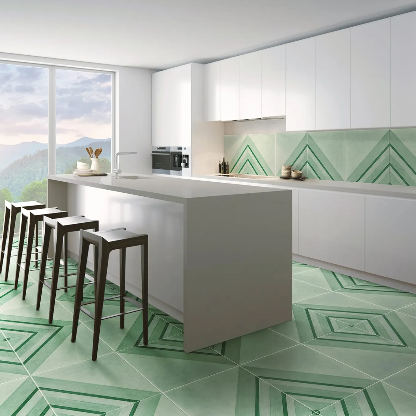 Piastrella Geometrie D’Ombra In Ceramica Verde Rame Motivo Triangolare