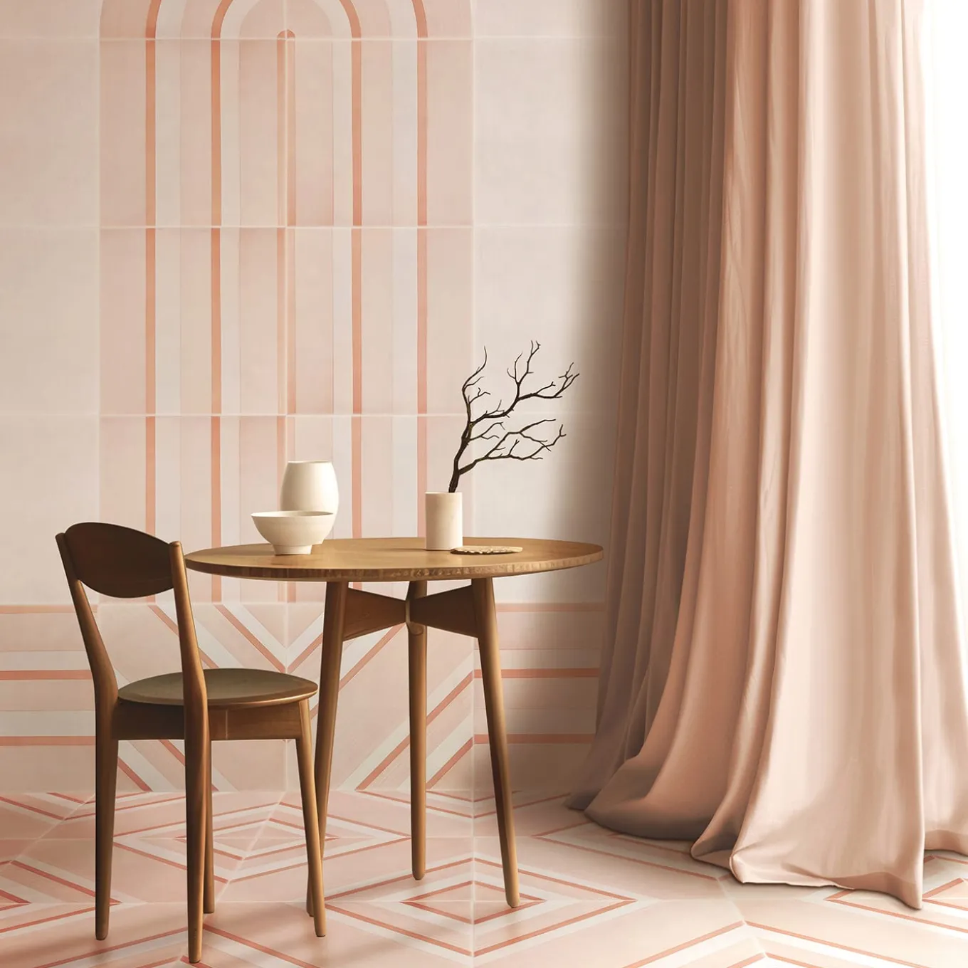 Piastrella Geometrie D’Ombra In Ceramica Rosa Cipria Motivo Diagonale