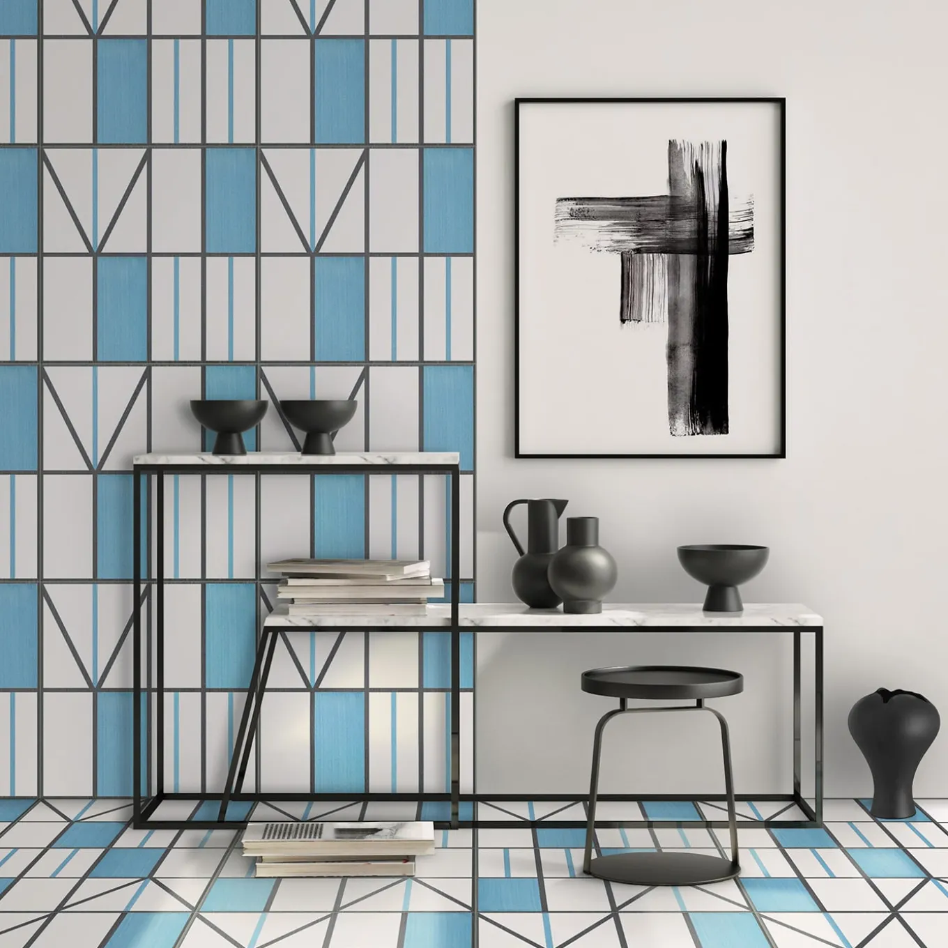 Piastrella La Facciata In Ceramica Azzurra Motivo Geometrico