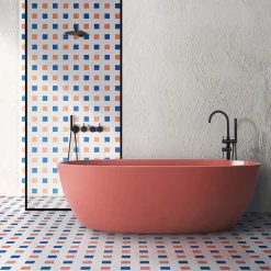 Piastrella La Navata In Ceramica Corallo E Blu Motivo Geometrico