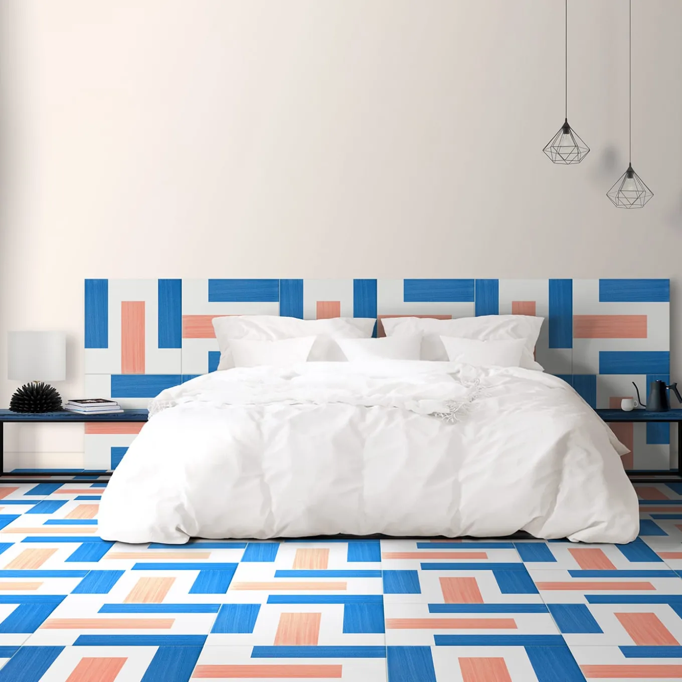Piastrella La Scalinata In Ceramica Corallo E Blu Motivo Geometrico