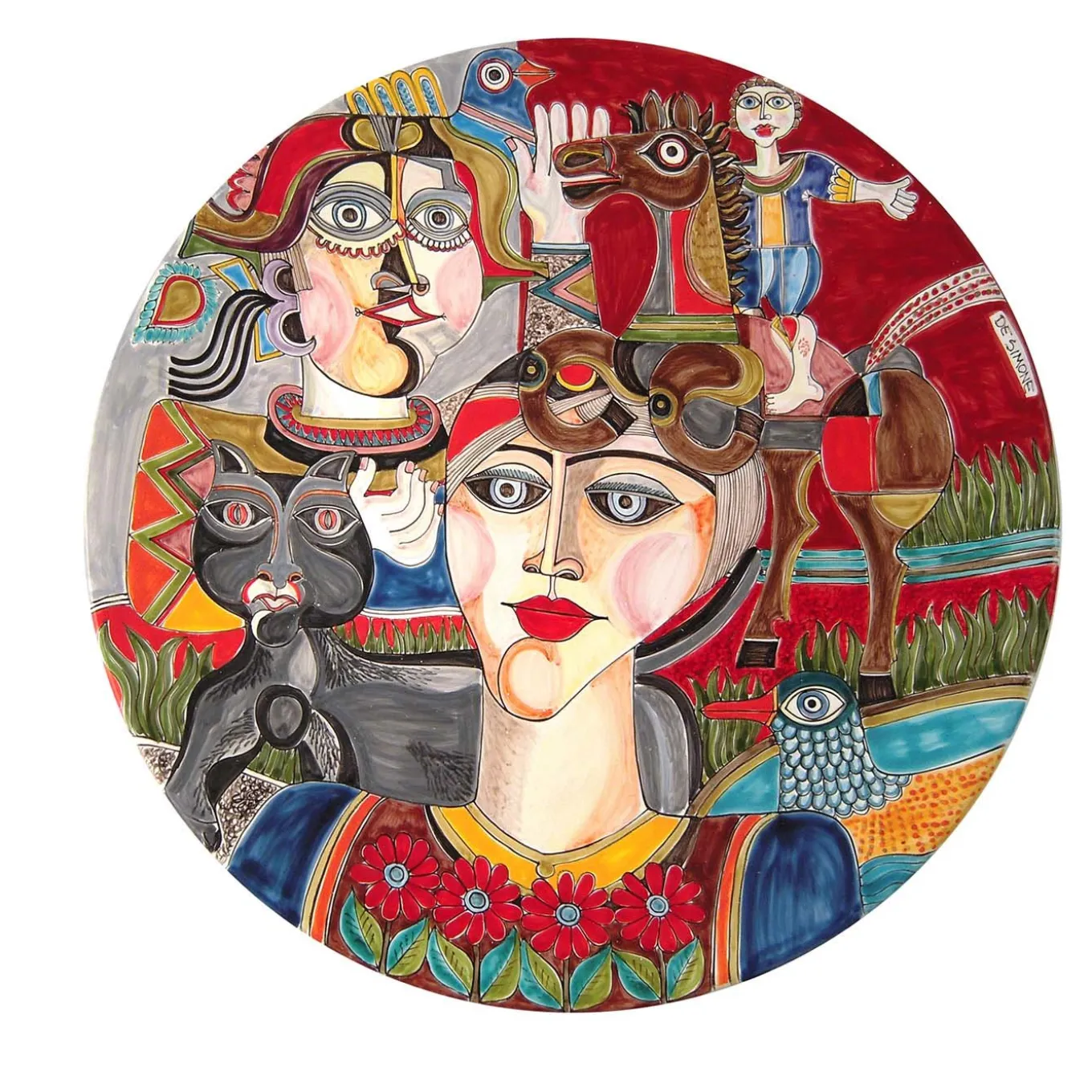 Piatto decorativo in ceramica Donna con gatto