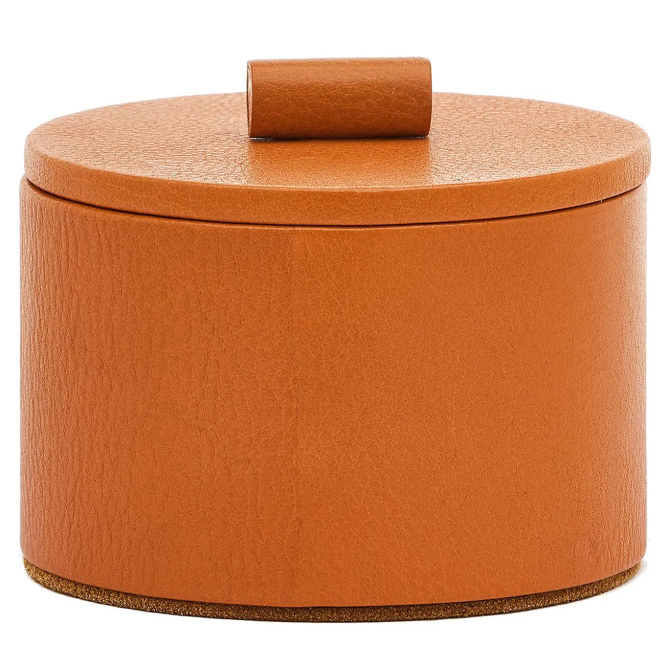 Piccola scatola per gioielli rotonda in pelle color caramello