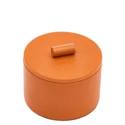 Piccola scatola per gioielli rotonda in pelle color caramello