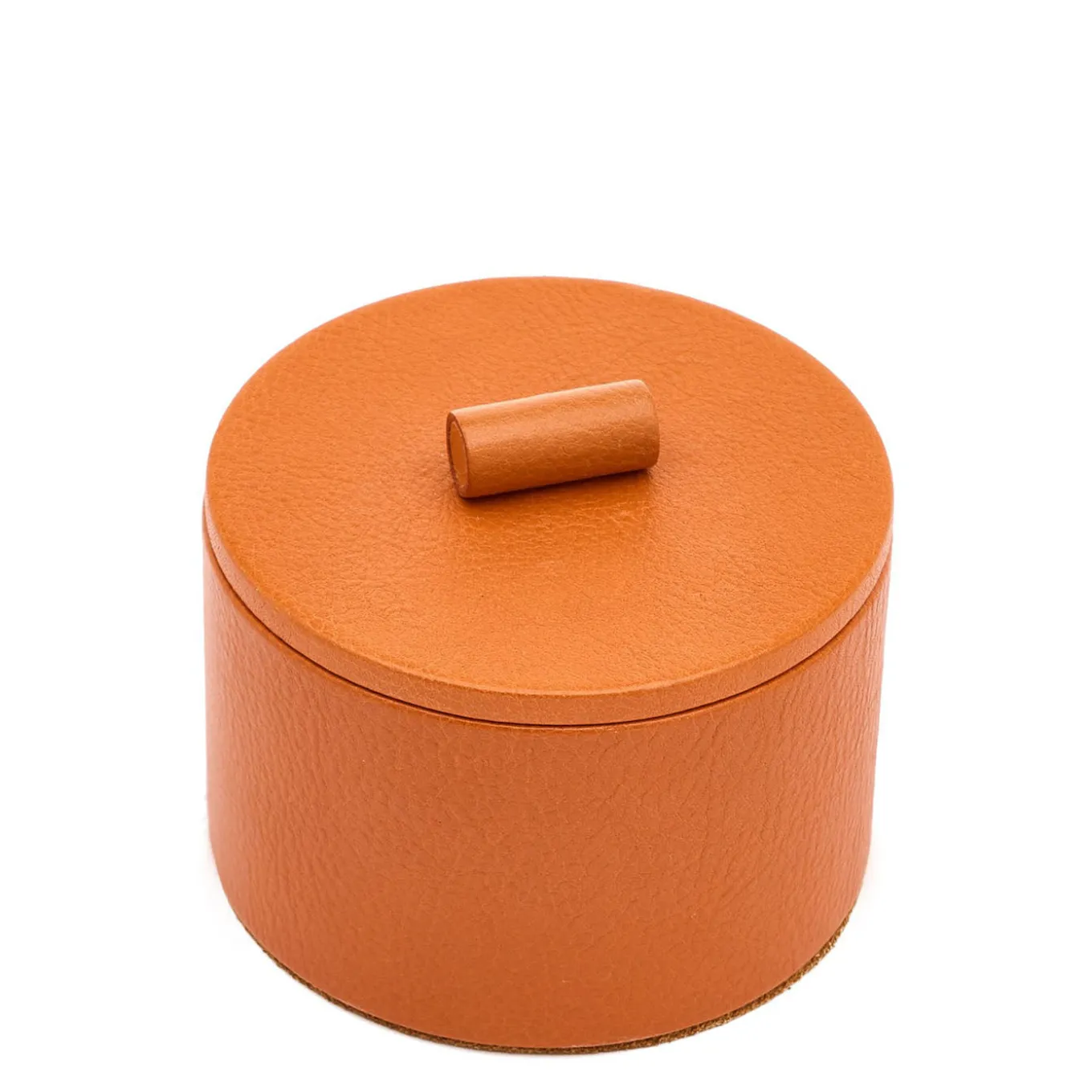 Piccola scatola per gioielli rotonda in pelle color caramello
