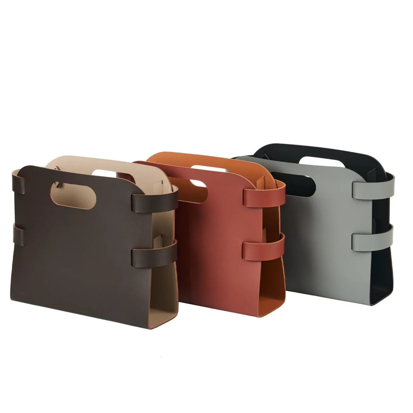 Porta riviste in pelle bordeaux e cognac