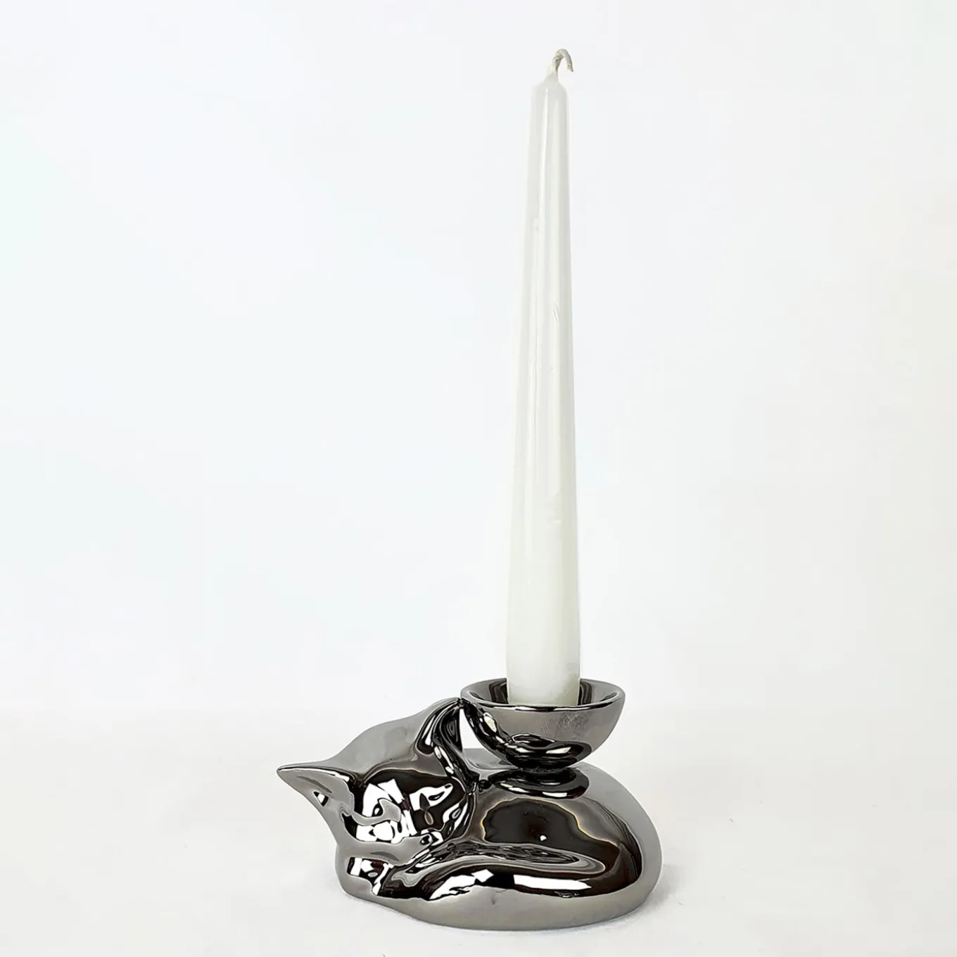 Portacandela in Ceramica Fiamme Bestiali Gattino Platino