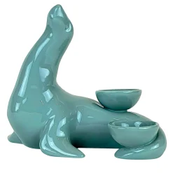 Portacandele in Ceramica Fiamme Bestiali Foca Grigia/Azzurra