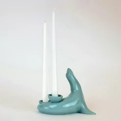 Portacandele in Ceramica Fiamme Bestiali Foca Grigia/Azzurra