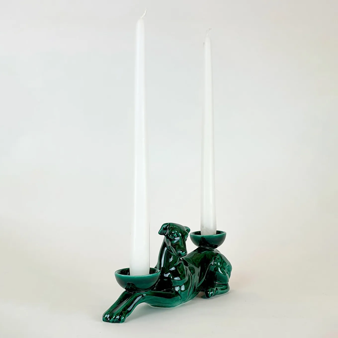 Portacandele in Ceramica Fiamme Bestiali Levriero Verde Smeraldo