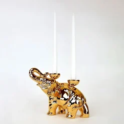 Portacandele in Ceramica Fiamme Bestiali Elefante Dorato