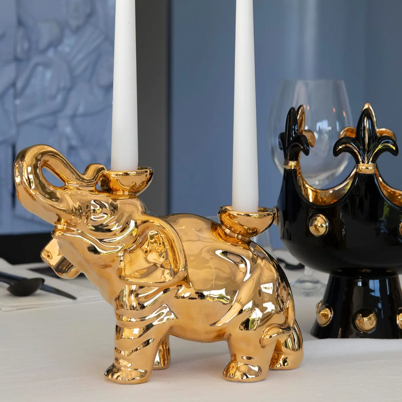 Portacandele in Ceramica Fiamme Bestiali Elefante Dorato