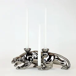 Portacandele in Ceramica Fiamme Bestiali Pantera Platino