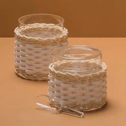 Portacandele Wideville in pelle e rattan - Bianco