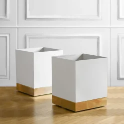 Portavaso a Rotelle In Metallo Bianco E Ottone a Base Quadrata