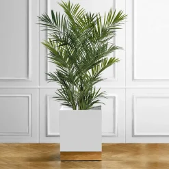 Portavaso a Rotelle In Metallo Bianco E Ottone a Base Quadrata