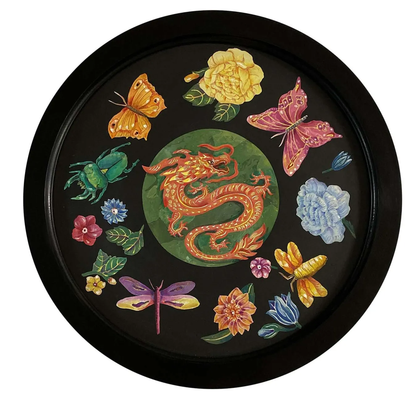 Scagliola dipinge Drago con fiori e insetti